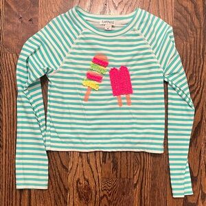 Flapdoodles Teal and White Striped Top
